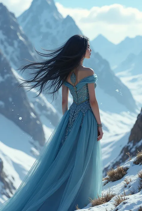 A teenage princess in friu dresses , black hair blue eyes , scared in a mountain top landscape under the snow 