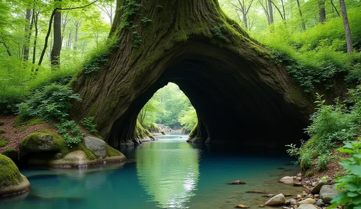 "Near a river, a tree is hollow at the bottom, making a cave like look. This cave is decorated by tiny green leaves and flowers around."

Imagine the 4k quality panaromic picture of the given description.