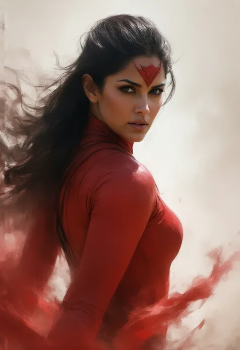 (( top quality)), ((masterpiece)), (detail), heavenly beauty Aishwarya , perfect facial detail , perfect finger details,fit curvy body , Beautiful legs,Woman Act as superhero Elektra, fighting action 