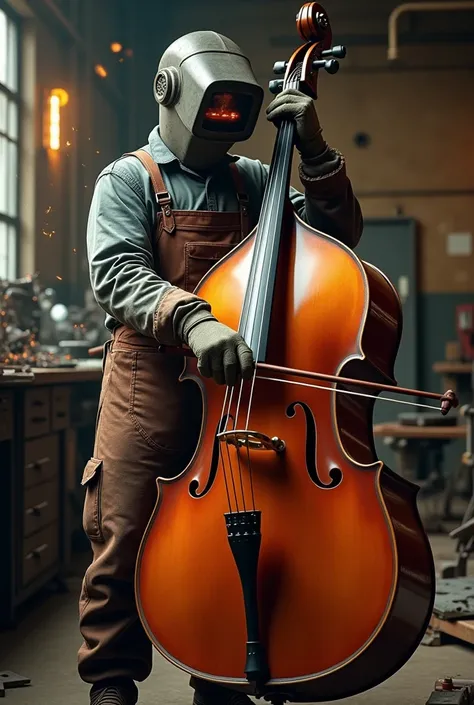 a welder plays the double bass