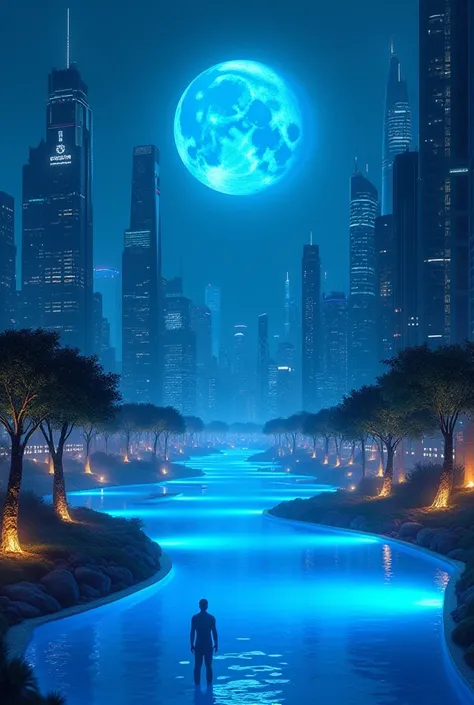  A futuristic cityscape at night that is all sophisticated .  The buildings are towering above the sky , The moon shines bright blue .  The lights of the buildings are neon blue .  And in the middle of the city there is a huge beautiful pool . There,  Ther...