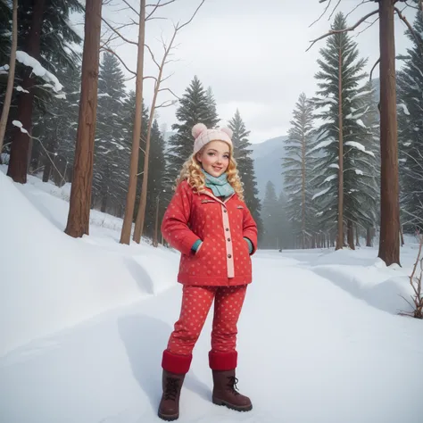 A full-body image of a young woman standing in a snowy outdoor setting. She is dressed in a vibrant red pajama-style outfit adorned with small white polka dots, standing out against the bright white snow. Her long, wavy blonde hair cascades over her should...