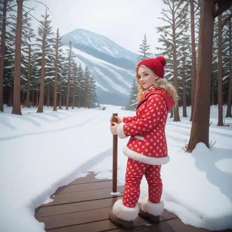 A full-body image of a young woman standing in a snowy outdoor setting. She is dressed in a vibrant red pajama-style outfit adorned with small white polka dots, standing out against the bright white snow. Her long, wavy blonde hair cascades over her should...