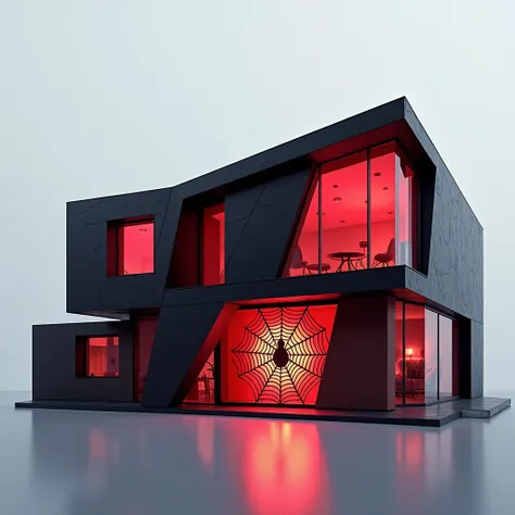 "A modern, sleek house with architecture inspired by Spiderman, featuring bold red and black color schemes with a web-like design. The house has angular walls and windows resembling spider webs, with subtle textures that evoke the look of Spidermans suit. ...