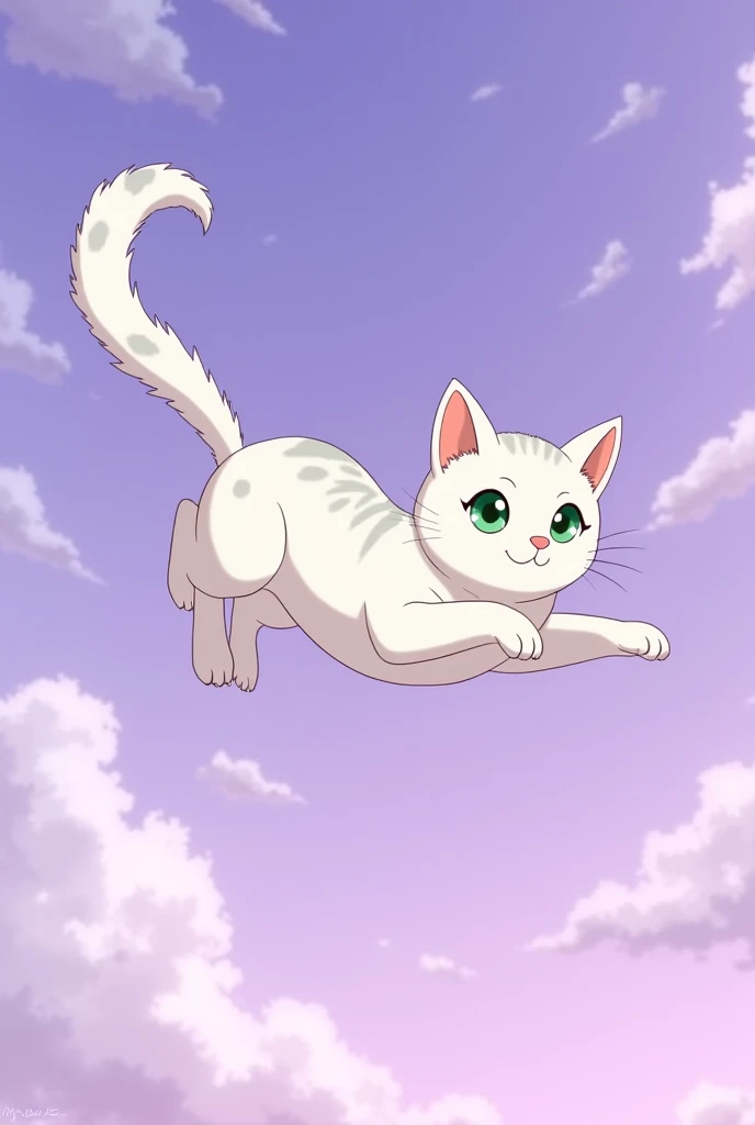  A white cat with gray spots and green eyes flying in a sky in shades of lilac. With a studio style animation Ghibli  