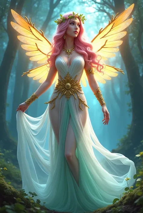 "A magical character design combining celestial and forest elements, exuding the aura of both a goddess and a forest fairy. The character wears a flowing white gown with transparent accents, adorned with gold leaf-shaped ornaments around the waist and shou...