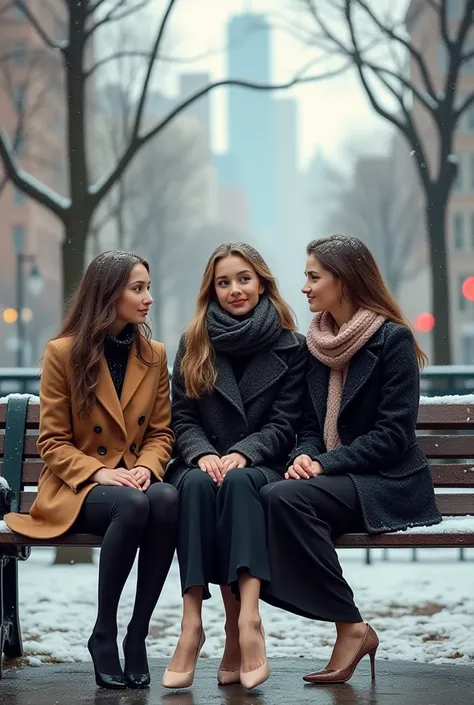 Realistic photo, three teenage elegant girls talking and sitting on bench in city in winter, all barefoot