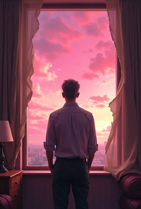 creates an image of a guy looking out the window at a pink sky torn like paper in realistic mode