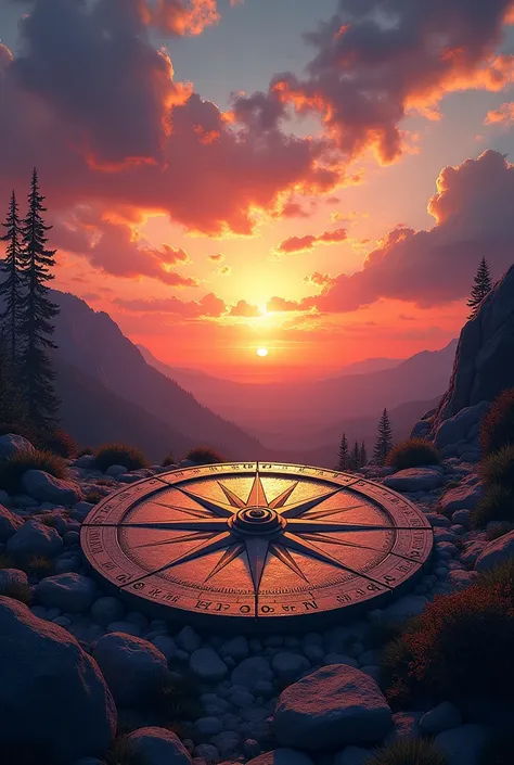 compass rose and a sun set or sun rise