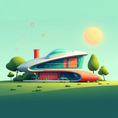 "A cool animation of a futuristic, vibrant house inspired by speed and nature, with a minimalist background. The house features sleek, aerodynamic curves, glowing lines, and a color palette of blue, red, and green. It sits in a lush, green landscape, with ...