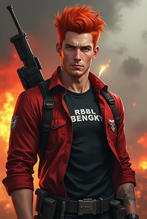  The character of a 28-year-old white male with red hair and prancing red hair wears a modern war uniform and the inscription “RBBL BENGSKY” on his shirt. , background like doomsday  , on his left hand holding a cigarette lighter in his right hand and ther...