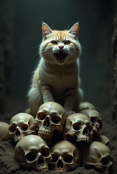 A frightened cat stands over a Many human skulls , crying and And terrified and running away The photo shows the cat on top of the skulls 