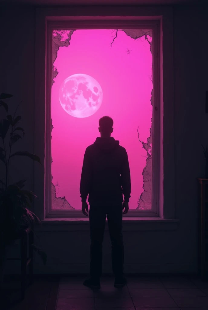 creates an image of a guy in the dark looking out the window at a torn pink sky  