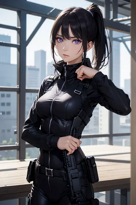 8k resolution,(( top quality )), super high res,Adult female, Alone,  sexy, (Glaring expression), ( purple eyes),  beautiful symmetrical face , (Black long ponytail),Black combat vest,assassins catsuit, realistic :1.4, realistic :1.4,(  Masterpiece  :1.2),...