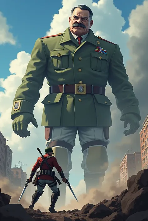 Adolf hitler as a soldier that killing a giant Stalin in Attack On Titan in anime style