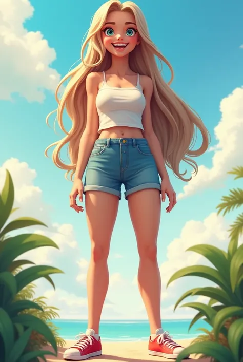 A cute girl named Zoe friendly smile beautiful long up to her butt she is huge 20 meters high cool summer outfit sleeveless t-shirt cropped cool shorts comfortable sneakers 