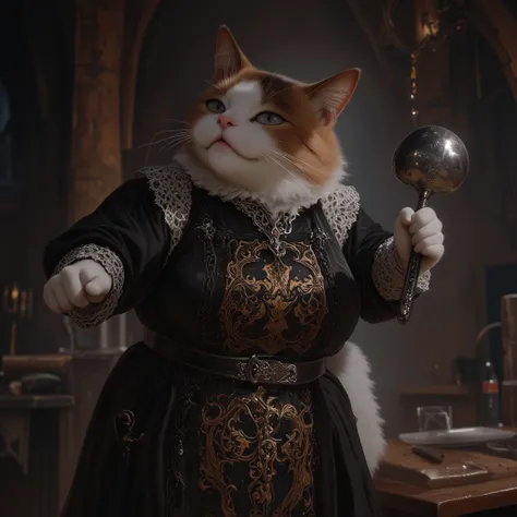 A cute and chubby calico cat holding a ladle in one paw, wearing a high-quality gothic apron with intricate embroidery and patterns, standing in a medieval stone castle kitchen. The kitchen is dimly lit with dramatic shadows and highlights, creating an atm...