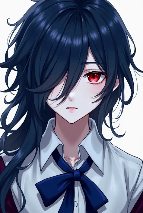 A young anime man with sharp, dark red eyes and long indigo hair covering his right eye is wearing a indigo ribbon .He has white skin and wears all the fictional Nilotic clothes, including a school dress. 
