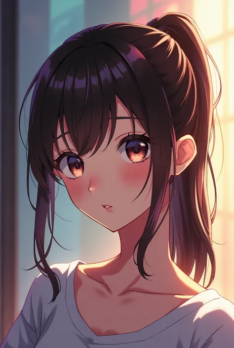 A 26 year old female, with medium length hair tied to a ponytail with bangs parted down the middle and dark brown eyes. Anime