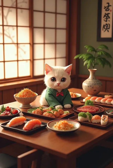 Japanese food at the Japanese room table 　 cat in clothes is sitting and looking at me