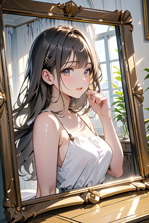 solo girl, all-glass windows, surprise yourself in the mirror, shiny skin, (masterpiece, ultra detailed, top quality), anime.