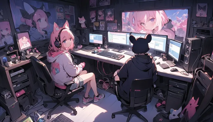 “Create an image of a character with pink hair wearing a hoodie with cat ears, shorts, and sneakers. The character should have tattoos visible on their legs and be seated in a room filled with multiple computer monitors, a keyboard, a mouse, speakers, and ...