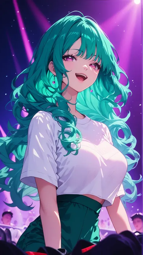 a mature woman with long wavy dark teal green hair, pink eyes, white crop top kpop outfit, stage, singing, smug smile, concert, colorful lighting