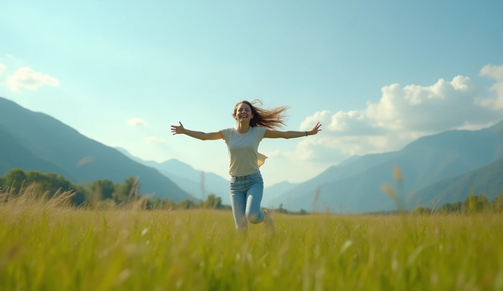 A cinematic 16:9 image showcasing a wide and expansive natural landscape. A young woman with flowing hair is joyfully running and jumping in an open meadow. Her face is turned slightly to the side, revealing one side of her cheerful and smiling expression....