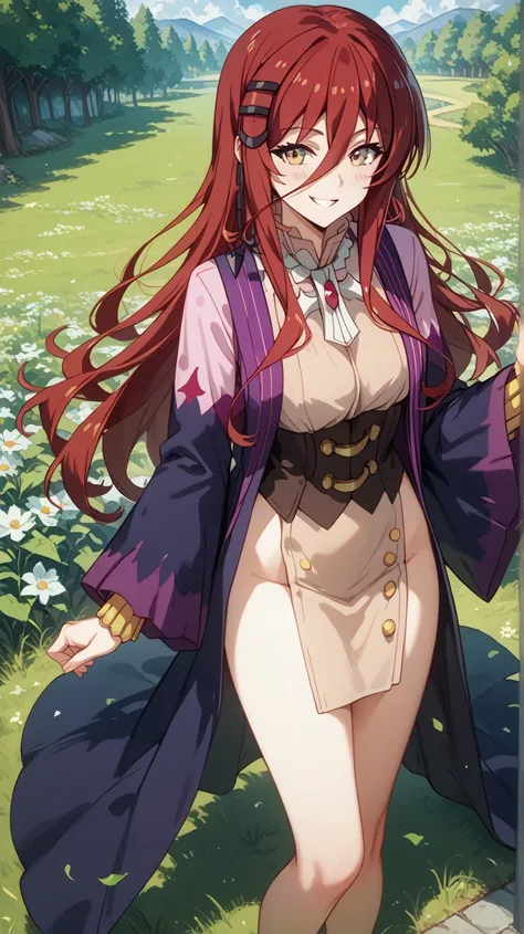 grimm grimoire, grimm grimoire from Sentouin, Hakenshimasu! , nude tits,cm height cleavage, sexy body, perfect tits, hourglass figure, blush, woman with long red hair  she is wearing a purple dress with a high neckline and long sleeves the dress has a ruff...