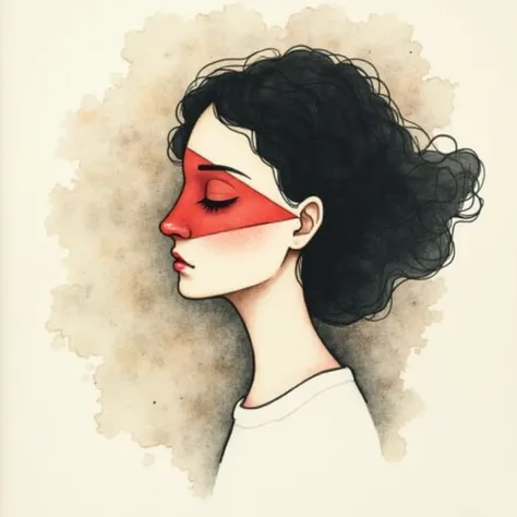 "A minimalist watercolor painting in an impressionist style, portraying an undefined identity. The figure is a gender-neutral profile with abstract facial features replaced by geometric shapes, including a striking red triangular accent that blends softly ...