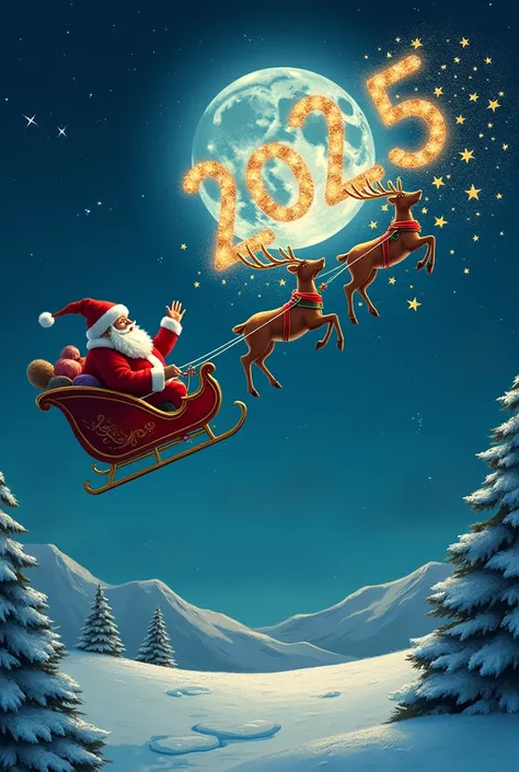  An image where we see Santa Claus leaving to make way for the New Year. His sleigh flies to the moon as the stars fall to Earth . Les étoiles sont assemblées pour former le chiffre "2025"