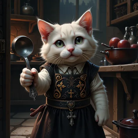 A cute and chubby cat holding a ladle in one paw, wearing a high-quality gothic apron with intricate embroidery and patterns, standing in a medieval stone castle kitchen. The kitchen is dimly lit with dramatic shadows and highlights, creating an atmosphere...