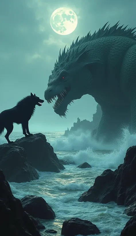 A cinematic scene featuring Cerberus and Makara in an intense standoff on a dark, rocky coastline at dusk. Cerberus, the three-headed hellhound, stood firmly atop the jagged rocks, its black, muscular body gleaming with an ominous sheen. Each of its three ...