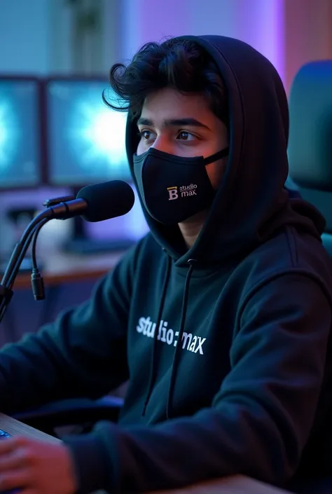 ndian boy an 18 year old boy is sitting on a gaming chair with a mask on his face and a mic in front of his mouth and he is wearing a black hoodie with studio and max on his eye