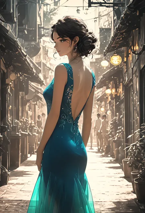  illustration designer ,  Japanese Cartoons  , actual ,sketch , 1 girl looks back ， wearing a blue Backless Dress , whole body，Pink and white gradient， heels，Garden Background,  neon hairstyle ,texture trim , Vision，Depth of Field，(masterpiece, Best Qualit...