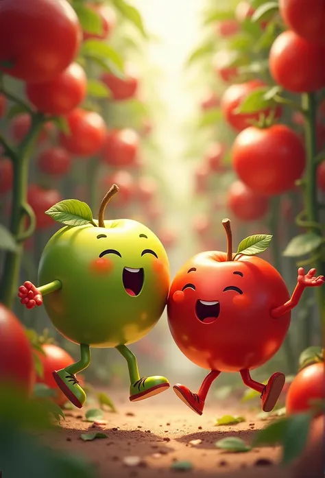 Two green and red apple men running around playing in a tomato forest