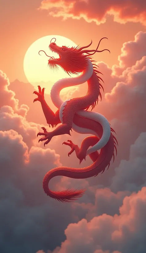 ((masterpiece,  Highest quality ,  highest image quality  ,  high-resolution , Realistic,  original photo,  extremely detailed unified CG 8K wallpaper)), On the sky，Inside the cloud ， A red Chinese dragon and a white snake fly with，The head of a white snak...