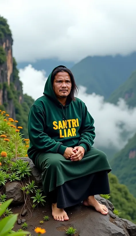 Indonesian man with a slightly fat body, white skin, well-groomed face, very long hair parted in the middle straight, dark green knit hoodie with the words "SANTRI LIAR" in yellow capital letters, black and dark green Muslim cloth sarong underneath, barefo...