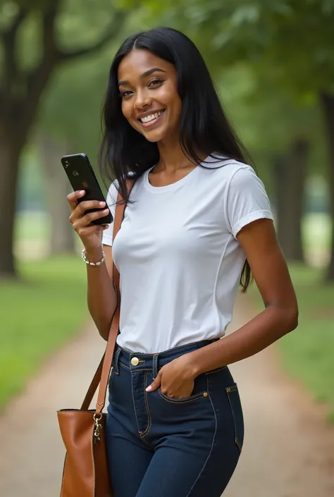 Young Malagasy woman (~20 years old), oval face, milk-chocolate skin, slight sun-kissed glow. Black hair, straight, slightly wavy ends. Dark brown almond-shaped eyes, slight Asian tilt. Slightly upturned nose. Natural smile. Generous, well-proportioned bus...