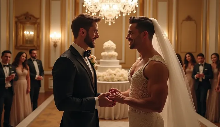  
Two Gay Couple"A realistic ultra-HD image of a marriage scene inside a luxurious wedding house. The setting features elegant decorations, including chandeliers, flowers, and ornate furniture. Two young, medium-built bodybuilders are celebrating their wed...