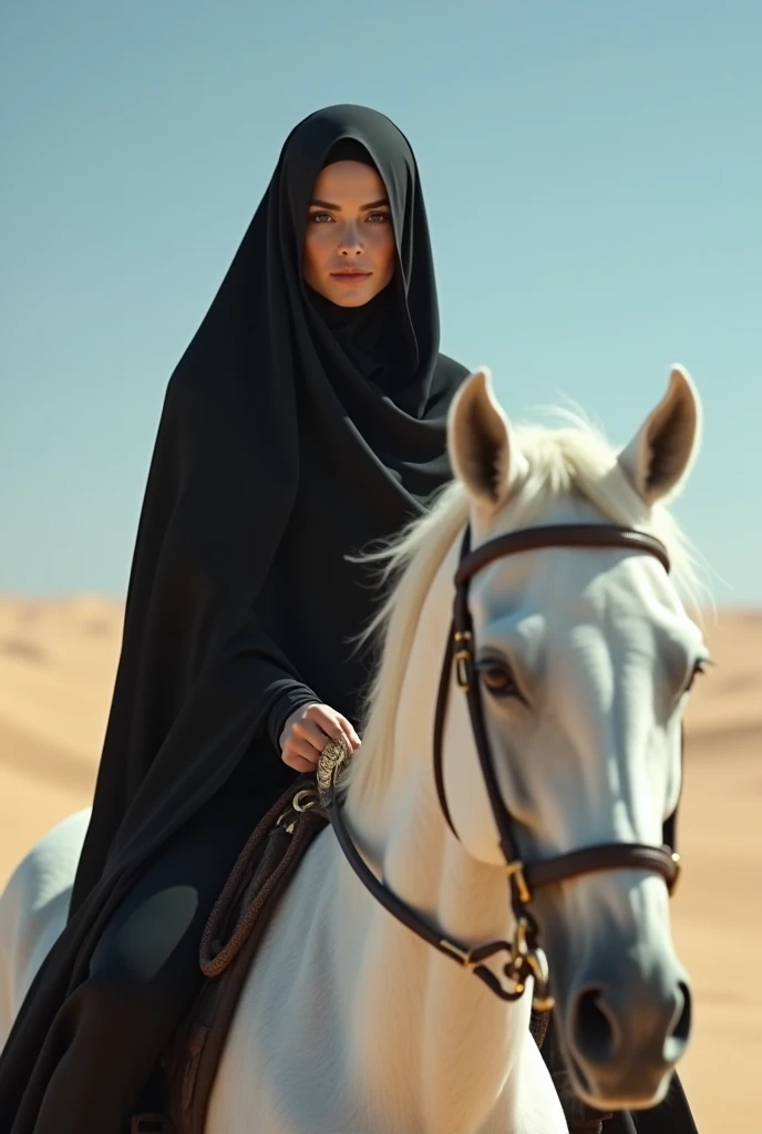 Beautiful Muslim woman dressed in black abaya with a hood riding a white horse in the desert