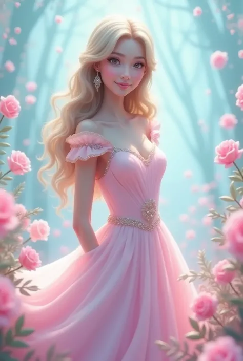 Create a princess with light pink frock wit sonme pink rose and background of little blue 