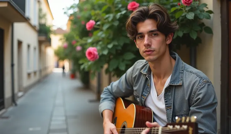 On a worn, gray concrete sidewalk, a 22-year-old European conservatory student, a dark-haired, dark-haired young man with brown, tanned hair, stares out over a balcony behind which a rose bush grows, his fingers deftly plucking the strings of an acoustic g...