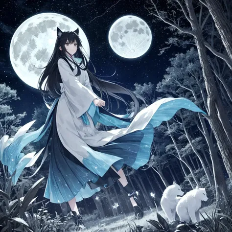  magical forest 、 in the forest where the huge full moon floating in the night sky and the stars shine、 The girl who is a spirit artist wears mysterious clothes 、Animal spirits are gathered 、 creates black and white coloring books with low detail , 陰No Sha...