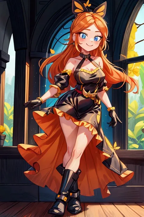 "Masterpiece, best quality, 1 girl, orange long hair, loose hair, blue eyes, standing indoors with intricate details and sunlight. black and yellow frilled dress with short neckline, black gloves, black butterfly belt, earrings, black boots. Sweet smile, s...