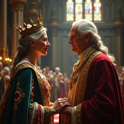 The elderly queen met herself young where she is young at her coronation with her husband King Philip VI