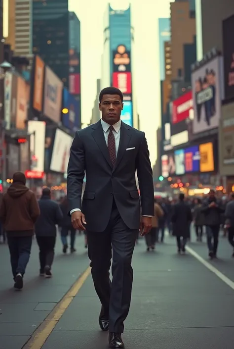 Realistic photo of muhammad ali walking in the streets of new york time square street and hes wearing a suit and its daytime 