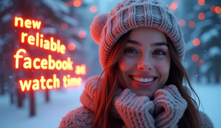 "Design a vibrant and dynamic banner featuring a beautiful woman with a happy face, dressed for winter days, exuding warmth and positivity. Highlight the text New Reliable Facebook Watch Time in bold, futuristic fonts with glowing effects to grab attention...