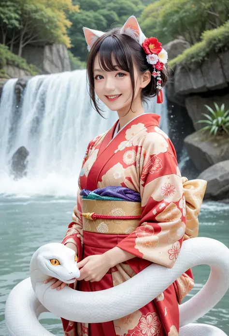 The snake is about to attack, ((( waves))), (((Wearing a kimono))),  solemnly wears a beautiful furunose ,Im holding a white snake in the palm of my hand,  beautiful woman with real black cat ears ,  fluffy black cat ears ,  kimono, Im wearing a solemn kim...