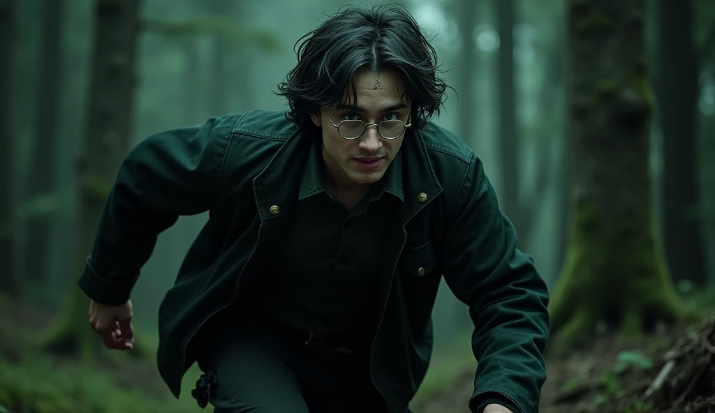 Cinematic and photorealistic shot of Harry Potter, his unruly black hair streaked with gray but still windblown and messy, charges through the dark undergrowth of the Forbidden Forest. His green eyes, framed by thin glasses, gleam with urgency, reflecting ...